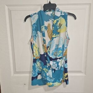 CAbi Multicolor Blue Floral Sleeveless Blouse-Deep V Neck-XS